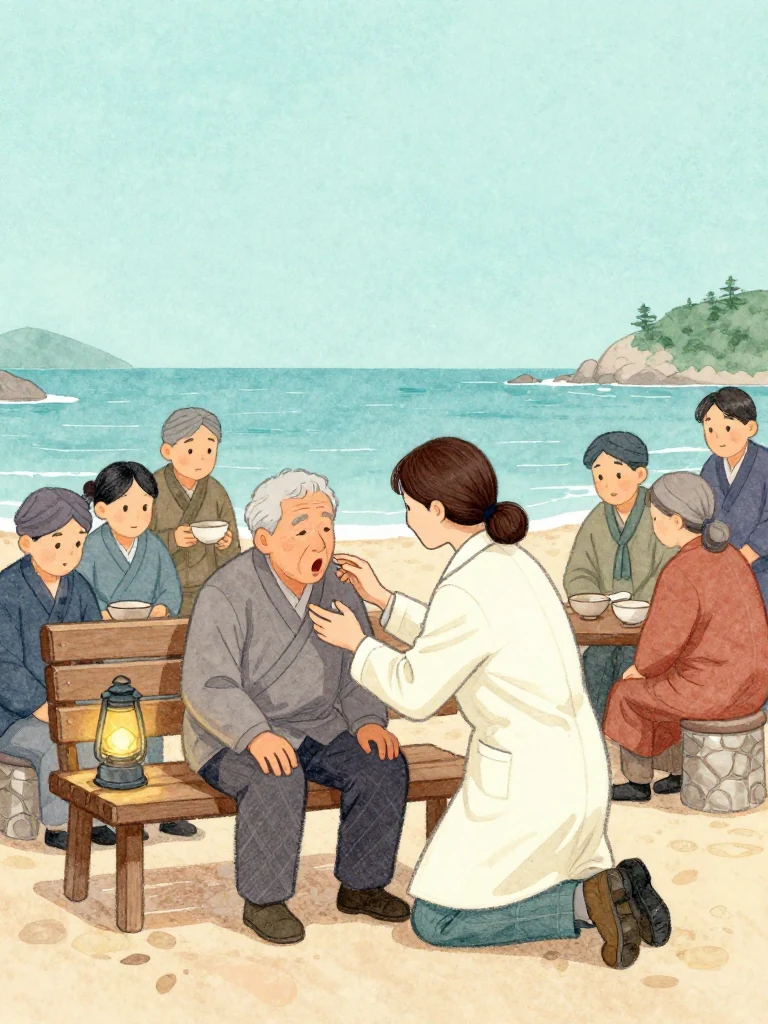 정다원 kneels directly before an unnamed elder, supporting the drooping right arm while studying the delayed right side of the face. The patient's mouth strains unevenly and one hand cannot remain raised. Silent villagers close around the bench beneath warm lanterns, their bowls untouched as the clinician's steady posture separates this emergency from the feast illness. Setting: 해녀 탈의장·마을회관.
