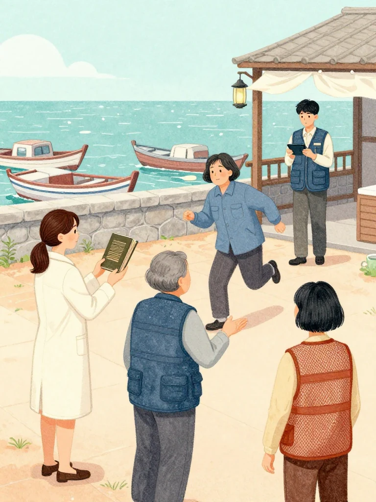 정다원 stands beside the stricken elder with the thread-bound volume raised against one palm and three fingers extended. 고순단 turns from the same person and signals toward the waterfront. 고바다 sprints across the courtyard toward the waiting boats as 차유나 enters through the canopy carrying a dark handheld device. Lanterns and wind-tossed cloth sharpen the sudden coordinated movement. Setting: 해녀 탈의장·마을회관. Visible objects: 섬 처방 노트.