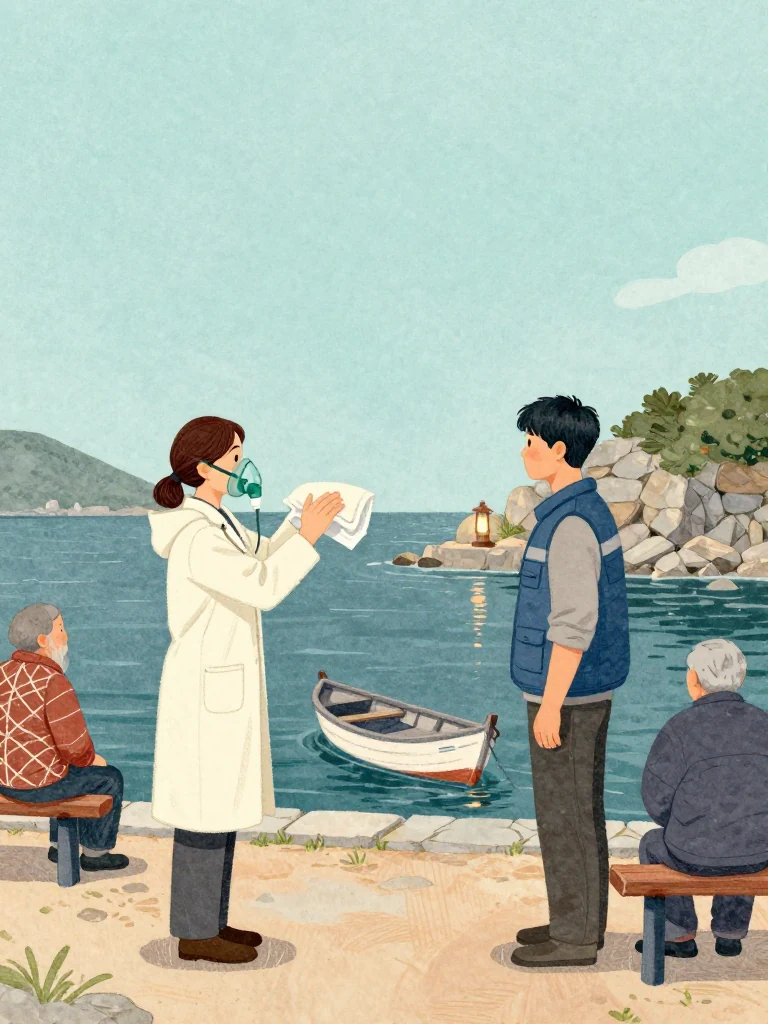 정다원 fits an oxygen mask over an unnamed elder and raises the patient's head on folded cloth, one hand checking the neck pulse. 고바다 waits at the courtyard edge in a braced stance, body turned toward a shallow-draft fishing boat rocking below. Dark water, lantern reflections, and two recovering elders on nearby benches establish the split between departure and continued care. Setting: 해녀 탈의장·마을회관.