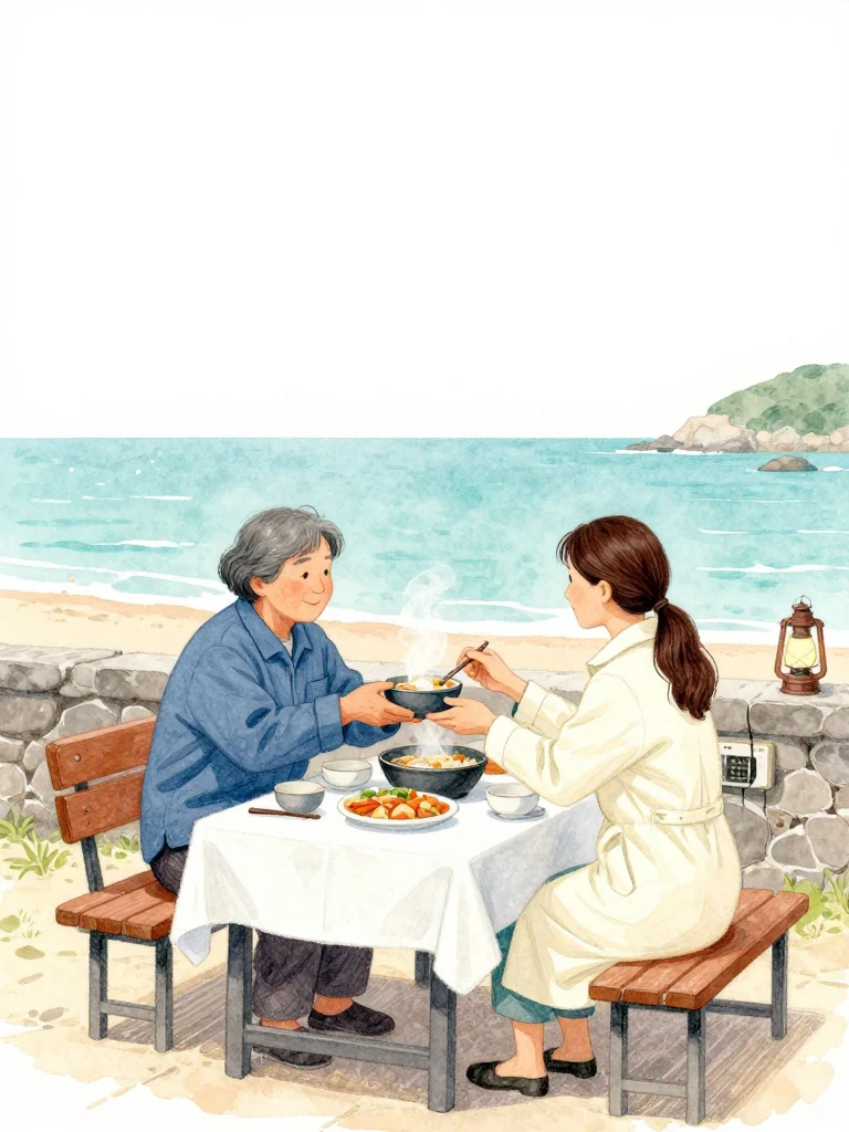 고순단 sets a fresh steaming bowl before 정다원 at the feast table, keeping one hand on the rim until the seated figure lifts a spoon. A radio unit rests nearby after the successful handoff. Around them, cooled dishes, empty benches, damp canopy cloth, and fading lanterns hold the long night while the same person accepts food and the island's quiet recognition. Setting: 해녀 탈의장·마을회관.