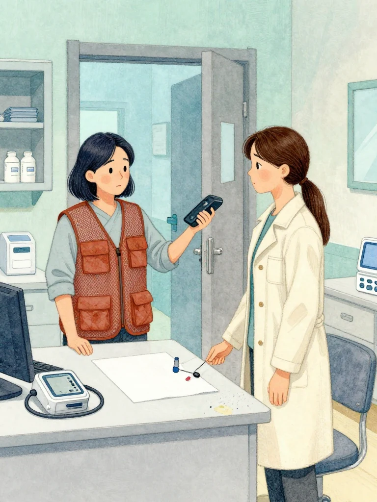 차유나 lowers a dark handheld device at the clinic doorway and meets 정다원 across the desk with exhausted, direct attention. The seated figure pauses above a face-down plain sheet, one hand still around a capped tool. Blue predawn light washes the medicine cabinet, blood pressure equipment, and worn desk as professional caution settles into human concern. Setting: 무레도 보건진료소.