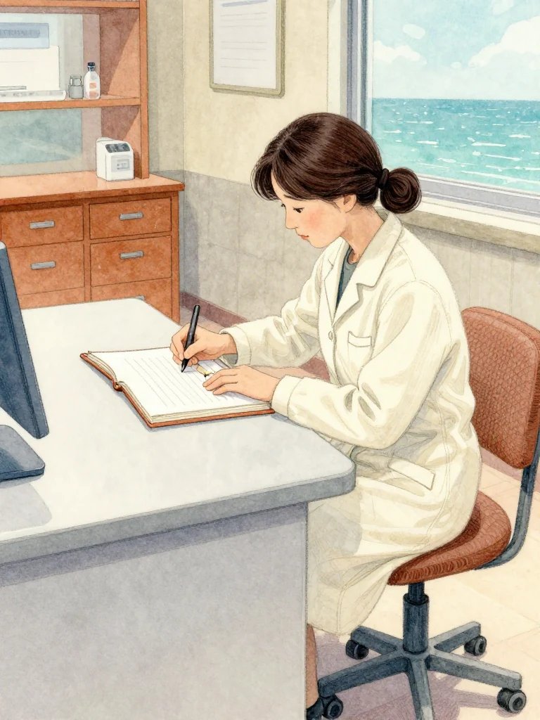 정다원 sits alone at the clinic desk, drawing an open thread-bound volume beside a plain result sheet turned face-down. One hand stops at a ragged gap where an entire leaf was removed, while the other pins both objects square. Cool sunrise reveals old fibers along the tear, worn wood, medicine drawers, and the rigid pause of discovery. Setting: 무레도 보건진료소. Visible objects: 찢긴 남망여 페이지 and 섬 처방 노트.