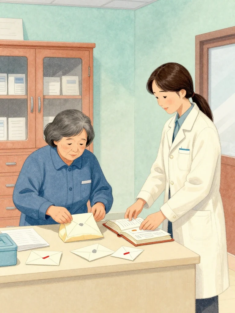 고순단 unwraps a cloth bundle of plain envelopes across the clinic floor while 정다원 sorts the contents beside an open thread-bound volume. Cool morning light catches repeated gray marks, one red stroke, worn medicine cabinets, and the visitor's steady hands as scattered household notices become a shared pattern. Setting: 무레도 보건진료소. Visible objects: 섬 처방 노트.