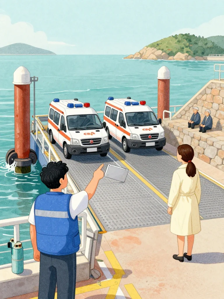 고바다 waits beside a lowered ferry ramp and points toward two ambulances rolling across the metal plates as 정다원 arrives from the steep lane. A suited coordinator carries a closed case ahead of the vehicles. Hard harbor light reveals wet pilings, wheel spray, oxygen fittings, and two island elders waiting nearby. Setting: 무레항 선착장.