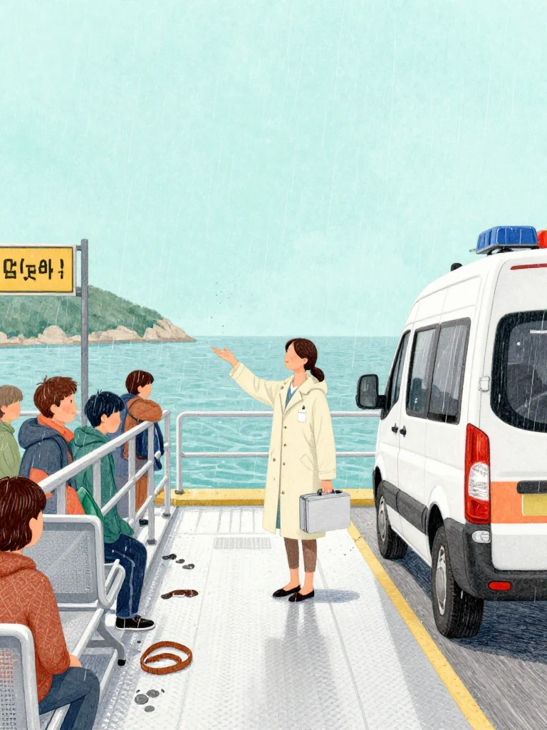 정다원 stands squarely between the waiting ambulances and the ferry ramp, one hand indicating the uphill clinic while an unnamed coordinator lowers his closed case. The clinician's calm posture holds the departure in place. Salt wind moves rain shells and loose straps across the bright metal deck as island witnesses gather along the rail. Setting: 무레항 선착장.