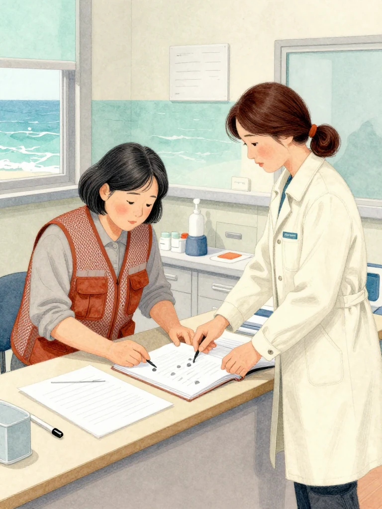 차유나 leans over two plain consent sheets while 정다원 aligns an open thread-bound volume beside them on the clinic desk. Their fingers stop at matching clusters of gray marks and the same parenthetical shape. Flat noon light sharpens pasted fibers, a capped tool, medicine drawers, and the tense distance between copied detail and lived history. Setting: 무레도 보건진료소. Visible objects: 섬 처방 노트.