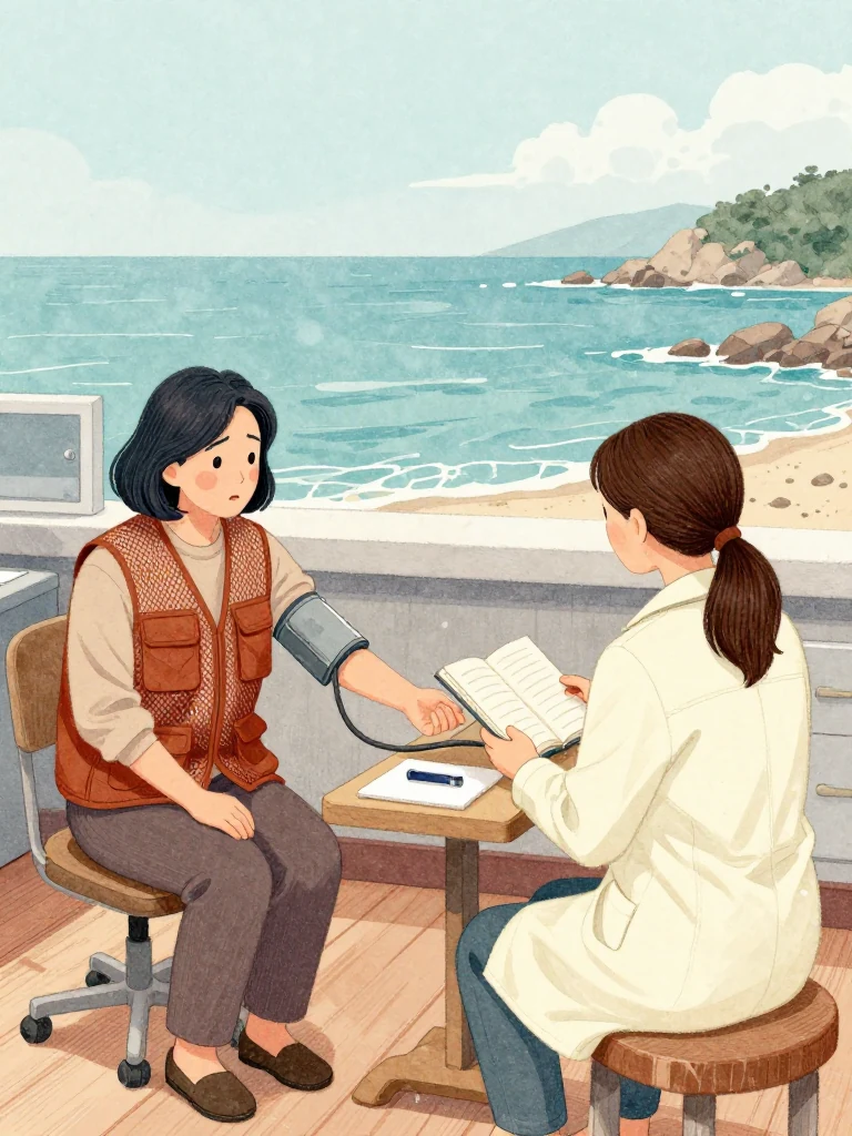 차유나 freezes a capped tool above a small plain pad as 정다원 checks an unnamed elder's blood pressure and glances toward the open thread-bound volume. The seated patient gestures toward a distant rocky shore in uncertainty. Warm clinic light crosses the cuff, worn floorboards, and the observers' shared realization that the borrowed phrasing came from elsewhere. Setting: 무레도 보건진료소. Visible objects: 섬 처방 노트.