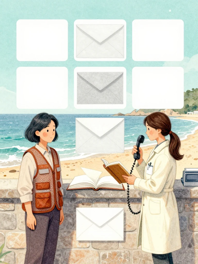차유나 rules three broad columns across a plain comparison sheet while 정다원 holds a corded receiver beside the open thread-bound volume. Several smooth envelopes sit with their backs exposed. Afternoon light picks out a blank final column, repeated gray patterns, capped tools, and the deliberate teamwork turning pressure from distant offices into an orderly local record. Setting: 무레도 보건진료소. Visible objects: 섬 처방 노트.