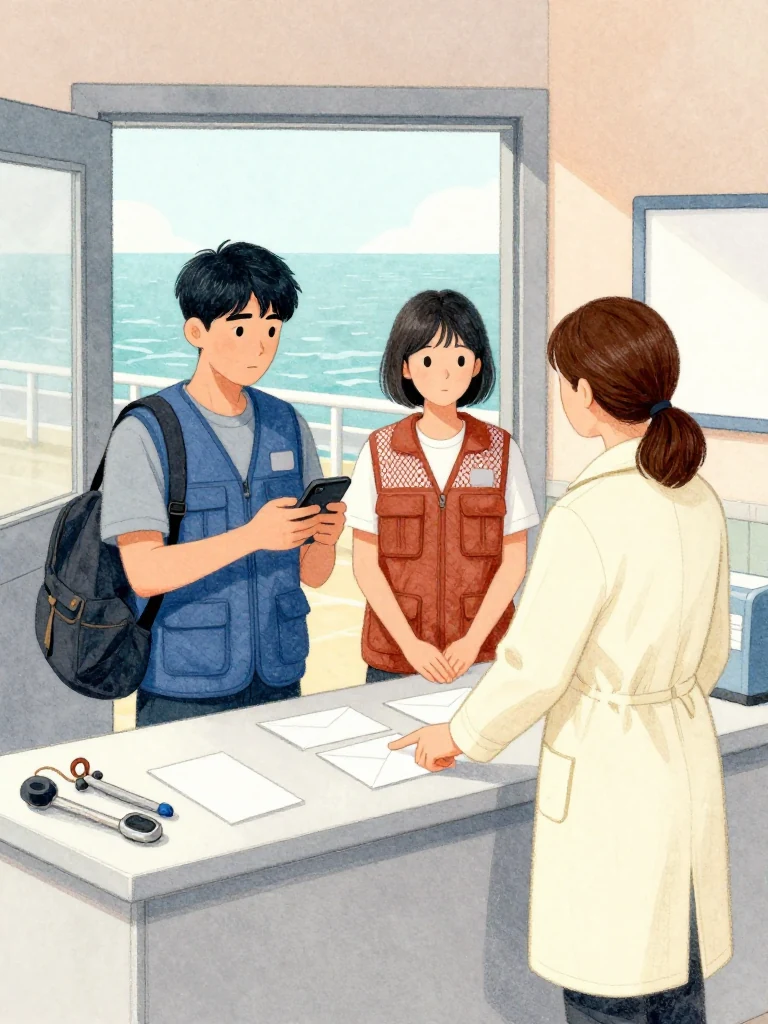 고바다 faces 차유나's dark handheld device with both hands visible and a grave, measured expression. 정다원 spreads several smooth unmarked envelopes across the clinic desk, pointing to their clean backs. Late harbor light enters through the doorway, catching a large shoulder bag, ferry rope, capped tools, and the final blank column awaiting a delivery route. Setting: 무레도 보건진료소.