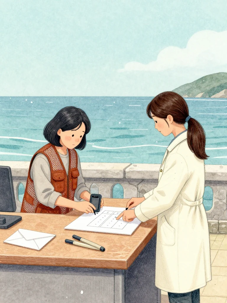 차유나 transfers small time marks from a dark handheld device onto a plain comparison sheet while 정다원 traces its three completed columns with one finger. A second copy rests face-down beside them. Even clinic light reveals envelope edges, capped tools, worn wood, and the careful duplication that gives the fragile finding a durable route. Setting: 무레도 보건진료소.