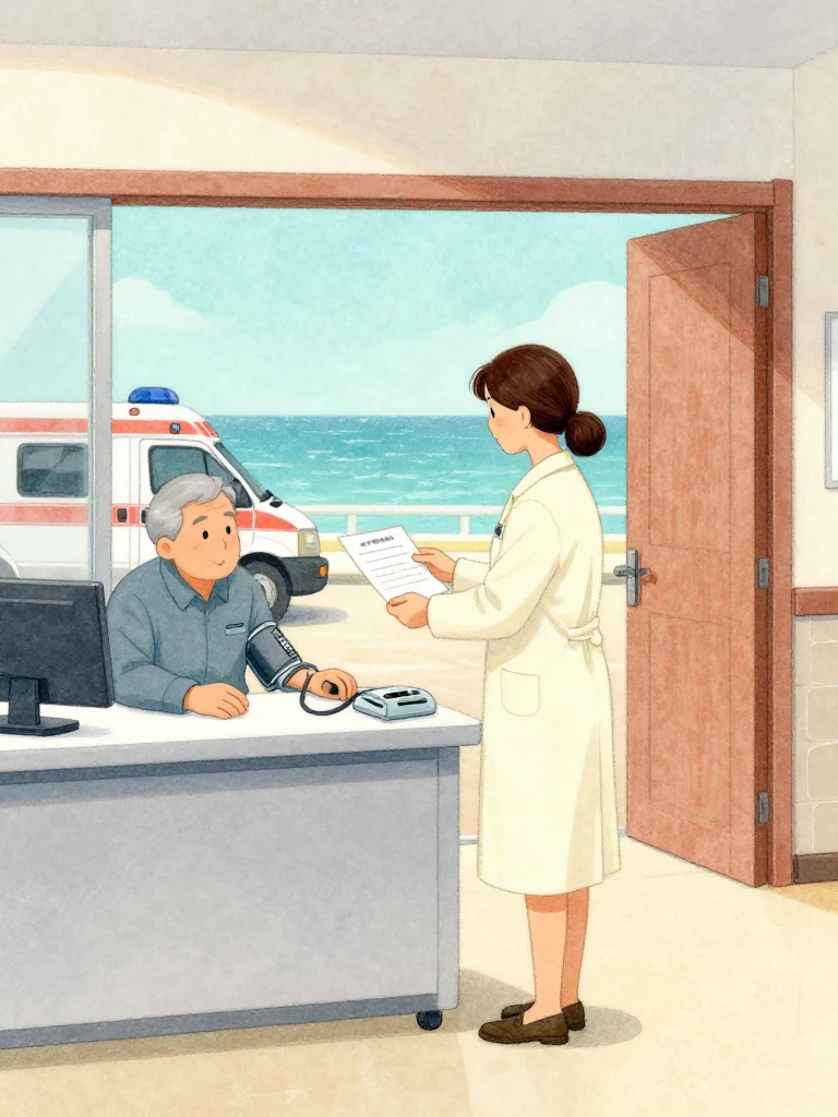 정다원 stands behind the clinic desk and presents a face-down assessment sheet to an unnamed coordinator, keeping the other palm beside a blood pressure cuff and pulse equipment. The coordinator's closed case hangs rigidly at his side. Clear afternoon light separates the stable seated elder from the ambulance gear waiting beyond the open doorway. Setting: 무레도 보건진료소.