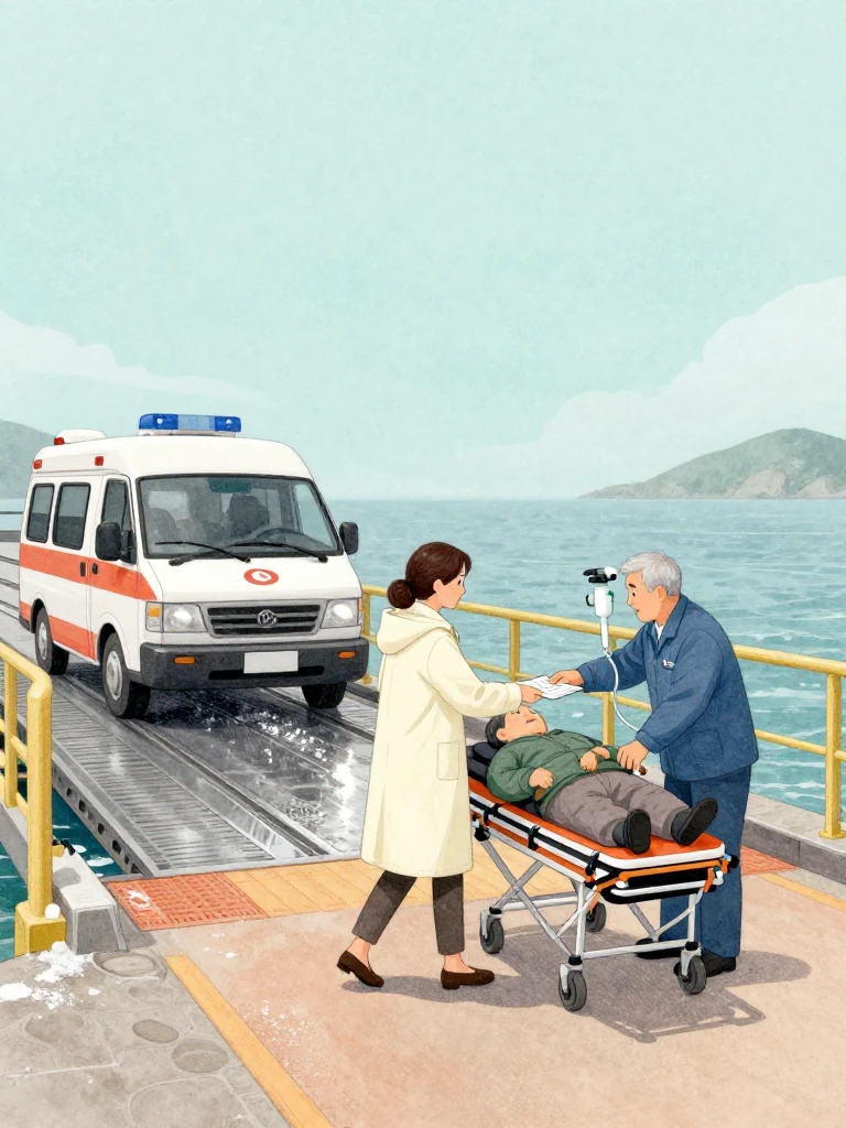 정다원 walks beside a stretcher at the lowered ferry ramp, handing a face-down transfer sheet to an unnamed coordinator while the transported elder reaches beneath an oxygen line to tap the clinician's hand. One ambulance departs across wet metal; the other remains still. Salt haze, wheel tracks, and restrained gestures make the necessary departure distinct from the halted one. Setting: 무레항 선착장.