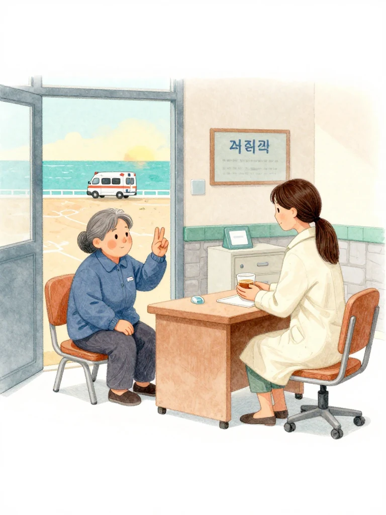 고순단 sits on the clinic threshold beside the elder who remained, then raises two fingers toward the single ambulance trail outside as 정다원 listens from the worn desk. A cup of barley tea warms the patient's hands. Sunset crosses the empty second chair, medicine cabinet, and measured exchange about preserving trust through careful distinctions. Setting: 무레도 보건진료소.