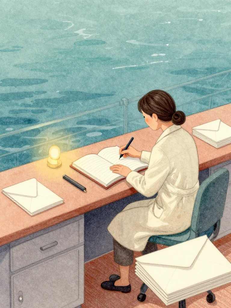 정다원 sits alone at the evening clinic desk and adds a short gray line beneath an older entry in the open thread-bound volume. Plain transfer sheets and smooth envelopes rest in separate stacks nearby. Amber harbor light reveals the single red boundary stroke, worn fibers, capped tool, and the weight of continuing a long record with a new hand. Setting: 무레도 보건진료소. Visible objects: 섬 처방 노트.