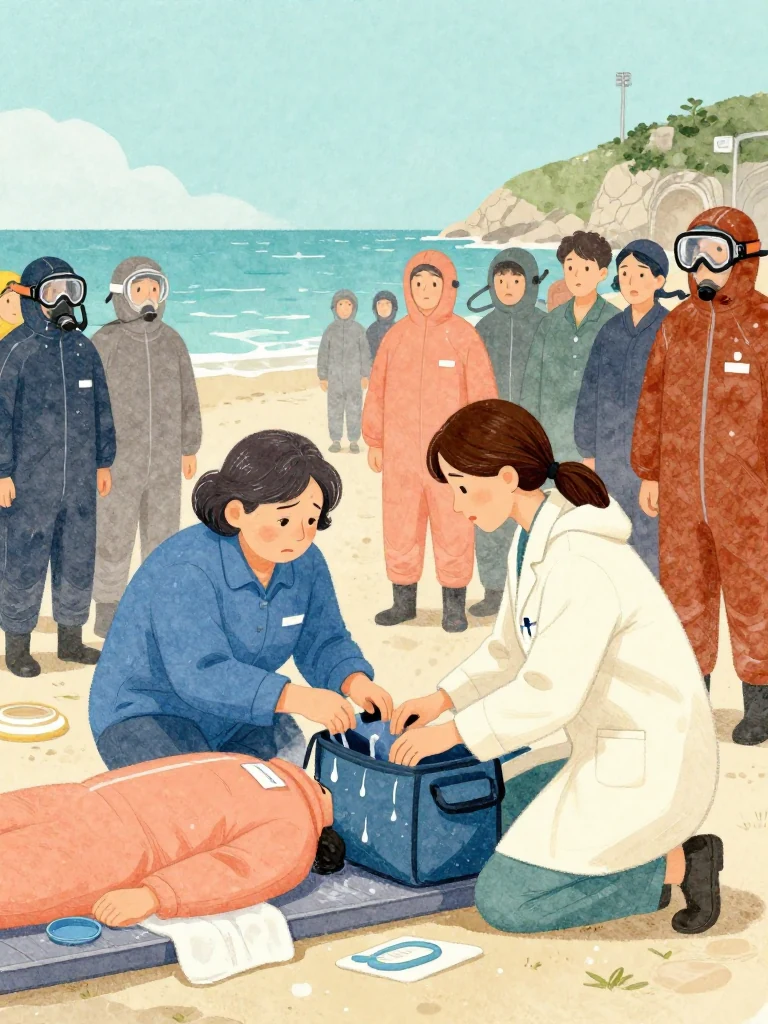 고순단 parts a ring of worried divers at the heated shelter while 정다원 kneels beside an unnamed patient curled on a low platform. The clinician tests both hands and studies the face before touching the open field bag. Wet suits, dripping floats, steaming towels, and hard summer glare frame a careful examination amid the crowd's urgent certainty. Setting: 해녀 탈의장·마을회관.