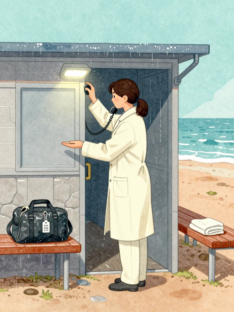 정다원 lowers a corded receiver inside the damp shelter, then holds one palm level toward an unnamed assistant while keeping the other near the resting patient. A reserved transport tag lies face-down beside the field bag. Wet rubber, low benches, towels, and bright sea light surround the clinician's deliberate choice to secure an option while continuing the assessment. Setting: 해녀 탈의장·마을회관.
