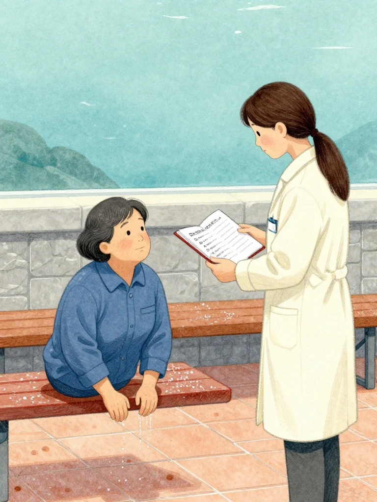 고순단 demonstrates the shallow dive with both hands held close above the floor while 정다원 follows a compact checklist in the open thread-bound volume beside the patient. Divers observe from damp benches. Strong side light catches salt beads, worn cover fibers, a red boundary stroke, and the public sequence of depth, food, sensation, and strength. Setting: 해녀 탈의장·마을회관. Visible objects: 섬 처방 노트.