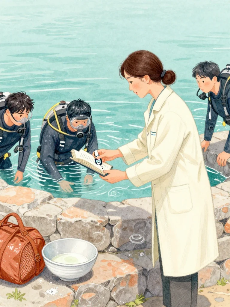 정다원 holds a small glucose meter beside the unnamed patient's hand and points from the instrument to the open thread-bound volume, then toward the shallow water visible outside. The surrounding divers lean closer. Clear summer light reveals an empty meal bowl, damp suit, field bag, and the three physical clues converging on dehydration and low blood sugar. Setting: 해녀 탈의장·마을회관. Visible objects: 섬 처방 노트.