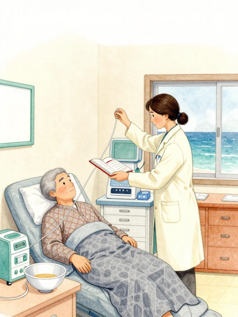 정다원 adjusts a clear fluid line above the recovering elder and shows the surrounding divers one red boundary stroke in the open thread-bound volume. Color returns to the patient's face while a half-finished bowl waits nearby. Warm clinic light crosses glucose equipment, folded towels, medicine drawers, and the vigilant posture that makes observation active care. Setting: 무레도 보건진료소. Visible objects: 섬 처방 노트.