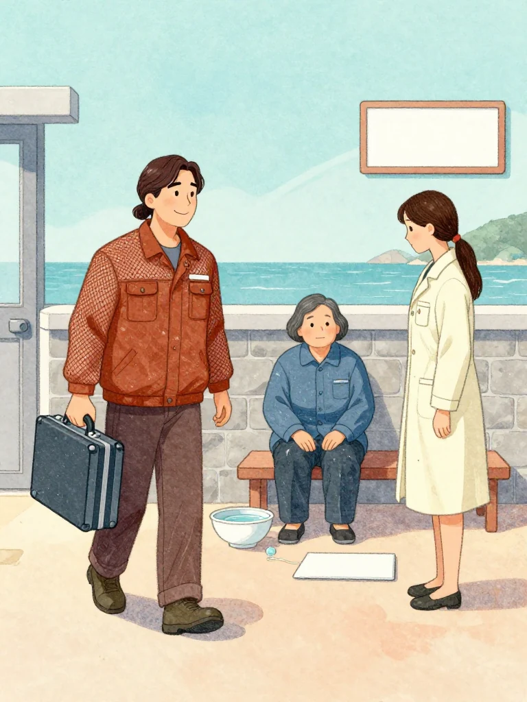 표상만 enters the clinic with a polished case and prepared smile as 고순단 sits beside the recovering diver and 정다원 pauses over a small plain pad. A half-finished bowl and clear fluid line remain nearby. Late light catches the visitor's immaculate sleeves, damp work clothes, and the quiet shift from medical recovery toward administrative pressure. Setting: 무레도 보건진료소.