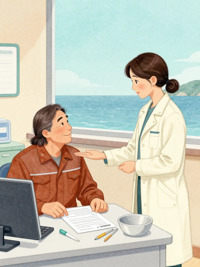 표상만 slides a prefilled claim sheet from a polished case across the clinic desk while 정다원 stops it beneath one flat palm and compares it with face-down measurement records. The visitor's practiced smile meets the clinician's fixed attention. Late light sharpens one unusually neat gray line, damp work clothes, capped tools, and the untouched recovery bowl. Setting: 무레도 보건진료소.