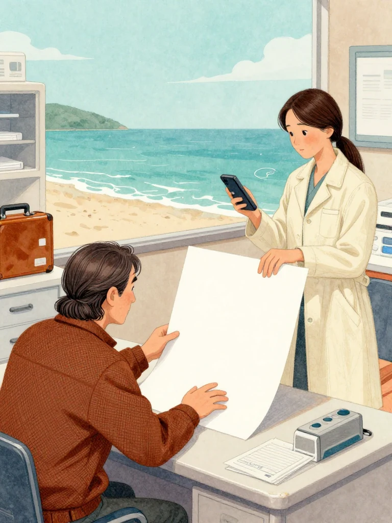 표상만 reaches quickly for the plain claim sheet while 정다원 places a dark handheld device above it and keeps one finger on the face-down clinical record. The sheet remains between them on the worn desk. Amber light catches the polished case, medicine drawers, recovery equipment, and the instant when easy paperwork becomes preserved physical evidence. Setting: 무레도 보건진료소.