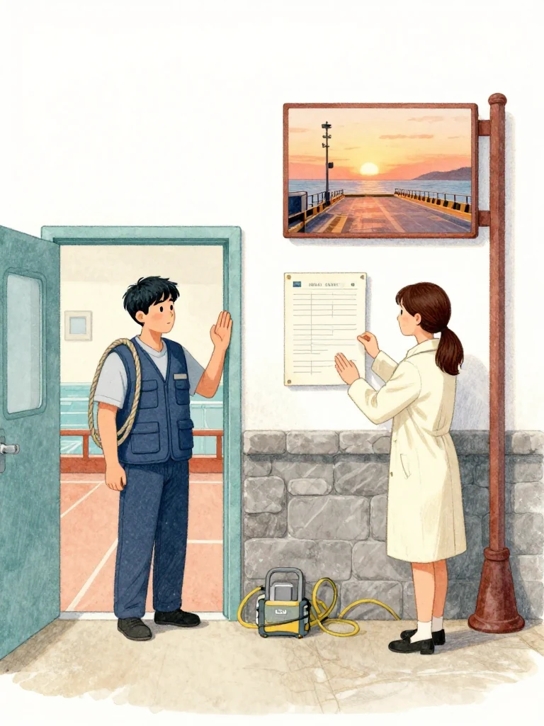 고바다 stands in the clinic doorway with a ferry rope looped over one shoulder, marking a rising weekly rhythm with repeated taps along the palm. 정다원 arranges two captured views of the abandoned claim sheet beside a small plain pad. Sunset illuminates the empty transport berth, polished case marks, and a new logistical pattern beginning after the spring visits. Setting: 무레도 보건진료소.