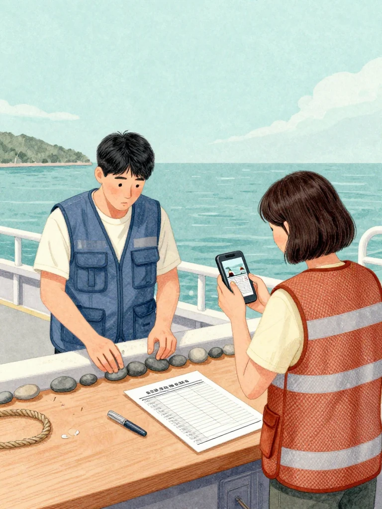 고바다 arranges remembered ferry days with small stones along the clinic sill while 차유나 studies captured views of the prefilled claim sheet on a dark handheld device. A plain report draft lies face-down between them. Evening light catches rope fibers, a capped tool, worn desk grain, and the careful conversion of repeated harbor traffic into institutional evidence. Setting: 무레도 보건진료소.