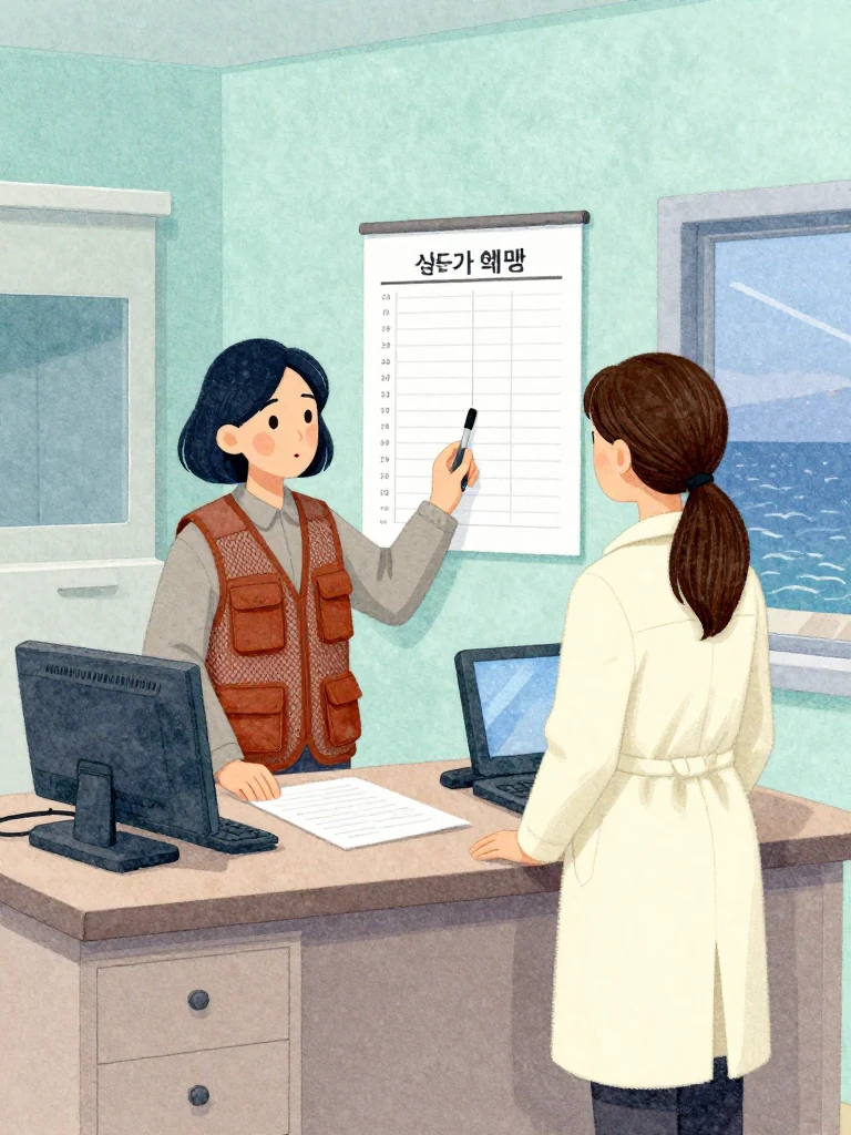 차유나 places a face-down official copy beside the clinic's measurement record and traces the route between them with a capped tool while 정다원 listens across the desk. The same dark device holds a duplicate view nearby. Blue evening light, locked drawers, and the abandoned claim sheet convey both newly gained standing and newly exposed methods. Setting: 무레도 보건진료소.