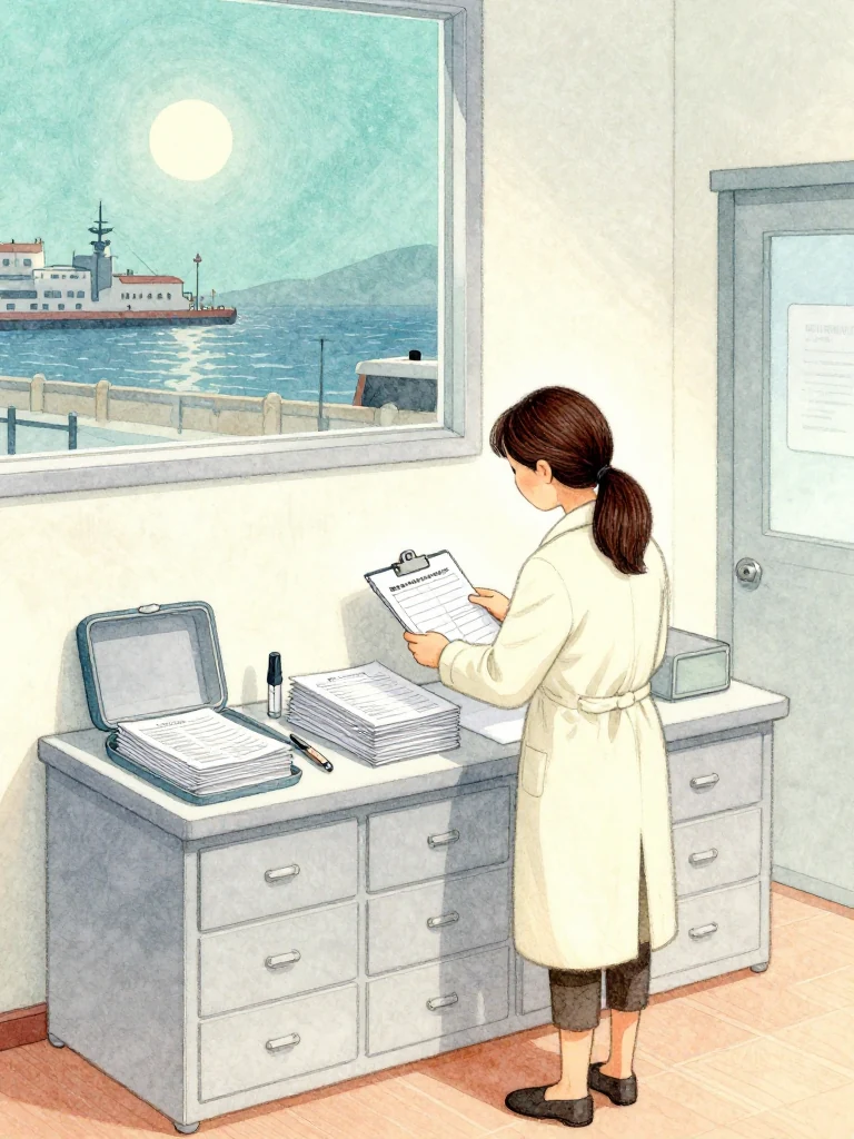 정다원 closes the clinic night by aligning a face-down assessment record, captured claim views, and an official copy into separate stacks. A capped tool pauses over a small private pad while the locked medicine drawers cast long shadows. Moonlit harbor haze and the untouched polished-case impression suggest a prepared system already waiting for future accidents. Setting: 무레도 보건진료소.