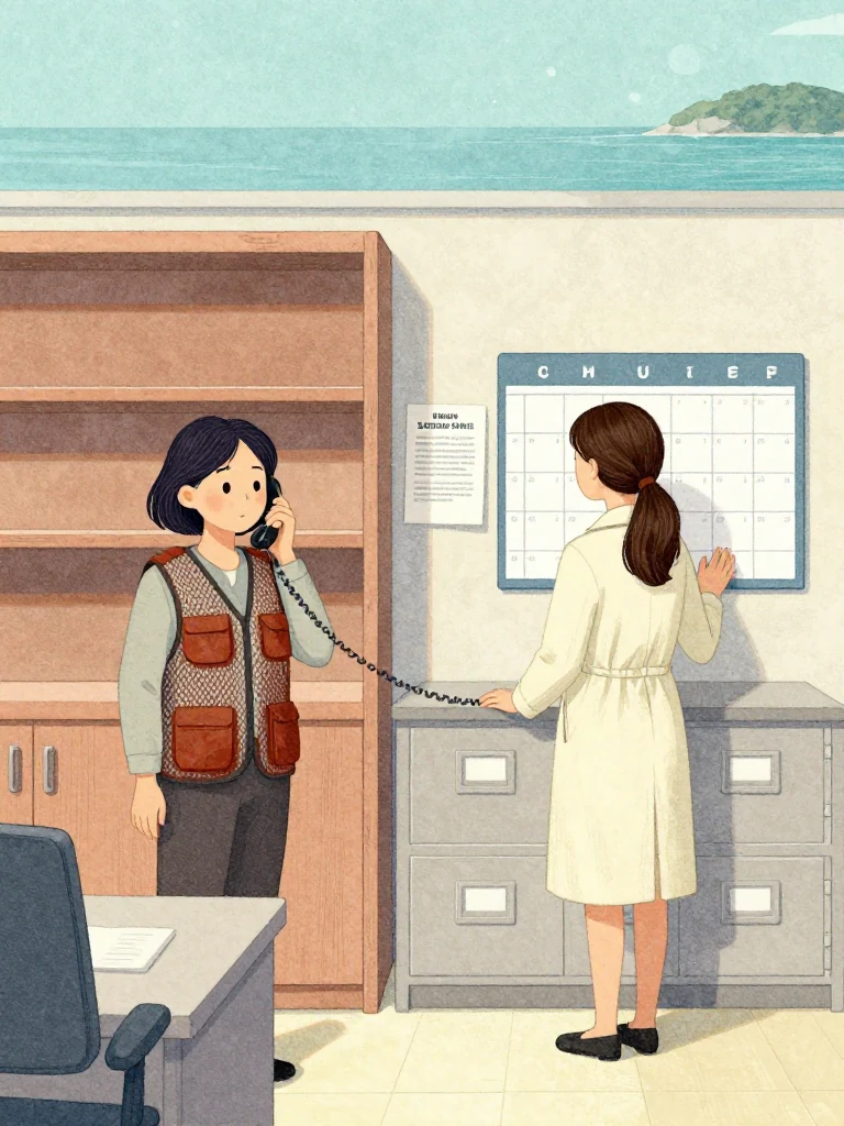 차유나 listens through a corded receiver at a distant office while 정다원 stands at the clinic wall calendar with one hand resting on a closed archive drawer. A face-down destruction notice lies between them. Flat morning light reveals empty shelving, worn wood, and the narrow gap between an expired retention period and a much older island accident. Setting: 무레도 보건진료소.