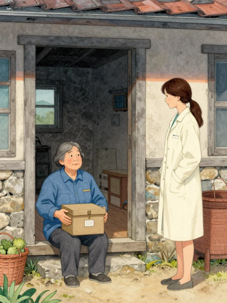 고순단 sits at the edge of a weathered home porch with both palms around the doubled cord of a closed archive box while 정다원 waits at a respectful distance. The dark attic opening hangs above them. Dusk settles on stone walls, vegetable baskets, dust, and the deliberate pause before private loyalty yields to an evidentiary need. Visible objects: 성혜의 유품 상자.