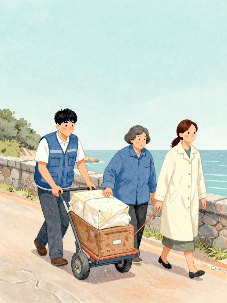고바다 steadies a handcart on the steep clinic lane while 고순단 keeps one palm on the dusty archive box and 정다원 walks beside its doubled cord. The light container rides like a heavy burden. Evening sea haze catches rubber wheels, low stone walls, faded cloth, and three restrained postures carrying the sealed past uphill together. Visible objects: 성혜의 유품 상자.
