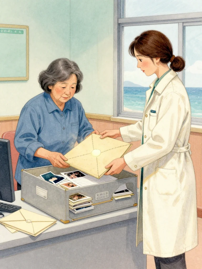 고순단 opens the doubled cord of the archive box at the clinic desk while 정다원 lifts a stitched work pad from its middle layer and lays it beside several plain envelopes. A copied accident entry rests inside the spread. Warm lamp light reveals dust, old fiber, stacked photographs turned face-down, and the first physical trace of a long hidden inquiry. Setting: 무레도 보건진료소. Visible objects: 성혜의 유품 상자.