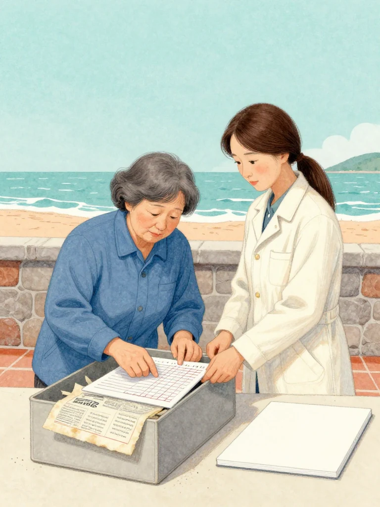 고순단 leans closer while 정다원 arranges a copied accident entry, a tally pad, and weathered clippings from the open archive box into a three-part row. A plain professional rectangle sits face-down at one corner. Low clinic light reveals red underlines, brittle newsprint, dust, and the material shape of an inquiry sustained across many seasons. Setting: 무레도 보건진료소. Visible objects: 성혜의 유품 상자.