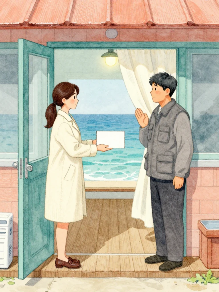 정다원 holds the clinic door at a measured angle as 임규홍 stops on the wooden threshold in a pale linen jacket and polished shoes, offering a plain professional rectangle. The inner room remains obscured behind a partition. Wind moves the porch curtain, and exact knocking posture meets the clinician's guarded hospitality under a single warm lamp. Setting: 무레도 보건진료소.