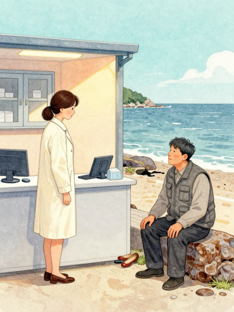 정다원 remains beside the clinic desk while 임규홍 sits only as far as the porch, touching a polished shoe to the threshold and calmly indicating several points along an old coastal surface turned face-down. His hand slows at one reef. Warm lamp light catches the linen jacket, medicine cabinets, sealed inner partition, and practiced local recollection. Setting: 무레도 보건진료소.