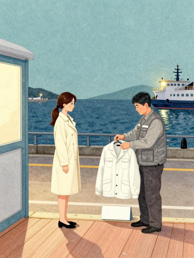 정다원 stands silent at the clinic threshold as 임규홍 fastens the pale jacket and leaves a plain professional rectangle aligned on the porch edge. Their gaze holds for one beat over an unanswered question. Night harbor light reflects from polished shoes, worn boards, and the object's changing stock before the visitor descends toward the ferry. Setting: 무레도 보건진료소.