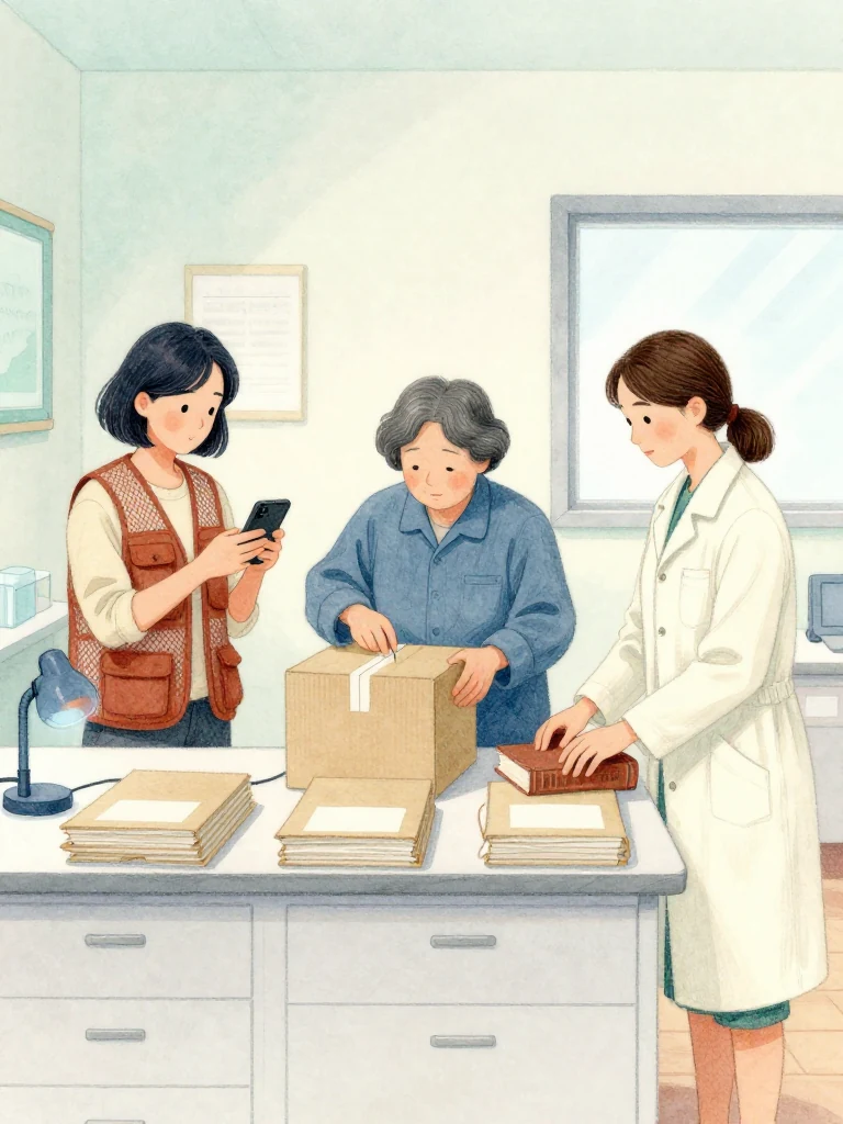 차유나 captures each laid-out object with a dark handheld device while 고순단 reties the archive box and 정다원 closes the thread-bound volume beside it. Three duplicate bundles wait face-down on the clinic desk. Blue night light reveals doubled cord, locked drawers, and the coordinated transfer of vulnerable evidence back toward its long attic shelter. Setting: 무레도 보건진료소. Visible objects: 성혜의 유품 상자 and 섬 처방 노트.