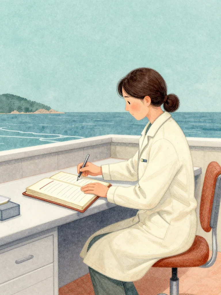 정다원 sits alone at the clinic desk with the open thread-bound volume and a copied accident entry placed beside its ragged gap. One hand follows the old fiber edge while the other rests on a capped tool. Cool predawn light reveals pressure marks, a red boundary stroke, and the distinction between a missing original and preserved inquiry. Setting: 무레도 보건진료소. Visible objects: 찢긴 남망여 페이지 and 섬 처방 노트.