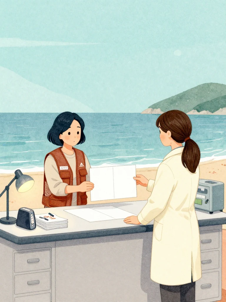 차유나 turns a small plain pad toward 정다원 across the clinic desk as the clinician divides a narrow face-down speech sheet into three timed sections. A kitchen timer rests sealed beside a stack of evidence copies. Night light catches capped tools, locked drawers, and the sober rehearsal of a warning designed to fail before stronger proof appears. Setting: 무레도 보건진료소.