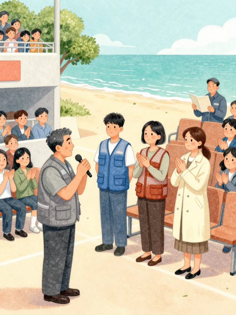 임규홍 addresses the crowded hall from a microphone beneath turning fans while 고바다 waits near the rear benches, 차유나 observes from the side aisle, and 정다원 studies a glossy plain booklet in the back row. Warm evening light catches polished shoes, new coated leaves, work clothes, and the community's genuine welcoming applause. Setting: 해녀 탈의장·마을회관.