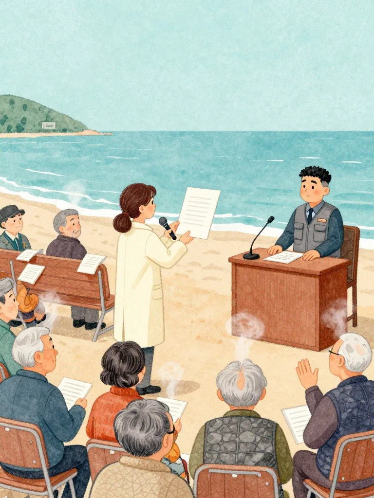 정다원 stands among the rear benches with the microphone and raises a plain clinic notice toward the gathered elders while 임규홍 remains at the dais in polished composure. An unnamed elder waves one hand in protest. Fans stir humid air above coated booklets, folding chairs, and faces divided between long gratitude and a newly arrived warning. Setting: 해녀 탈의장·마을회관.