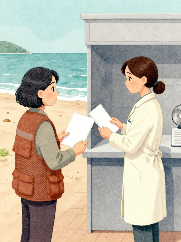차유나 meets 정다원's gaze from the rear aisle as the clinician folds one corner of a glossy plain booklet at the dais. A previously private comparison method appears as matching gray blocks inside the coated spread. Harsh hall light catches the crease, capped tool, turning fans, and both figures' controlled decision to preserve the leak before challenging it. Setting: 해녀 탈의장·마을회관.