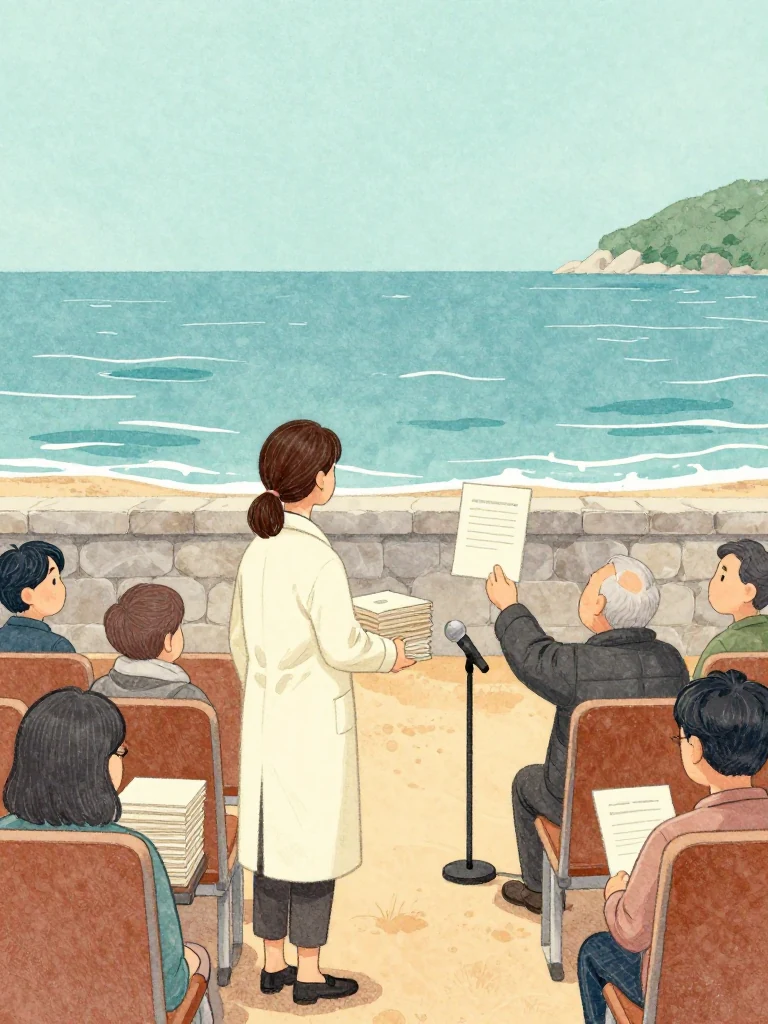 정다원 lowers the prepared evidence stack and turns instead toward an unnamed elder standing among the benches with a plain notice raised in one weathered hand. The microphone remains between clinician and audience. Warm fan-stirred light crosses puzzled faces, coated booklets, and the brief opening created when an official explanation yields to the islander's own bodily knowledge. Setting: 해녀 탈의장·마을회관.