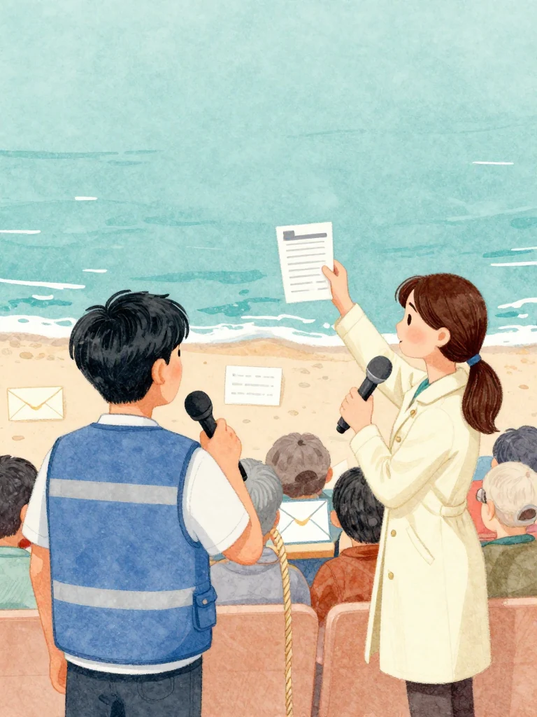 고바다 answers from the back row with one hand marking ferry days along a coiled rope while 정다원 raises a face-down claim sheet at the microphone and counts three clues on the free hand. The crowd follows the physical sequence. Summer hall light catches smooth envelopes, glossy booklets, capped tools, and the prefilled sheet's unnaturally tidy gray band. Setting: 해녀 탈의장·마을회관.