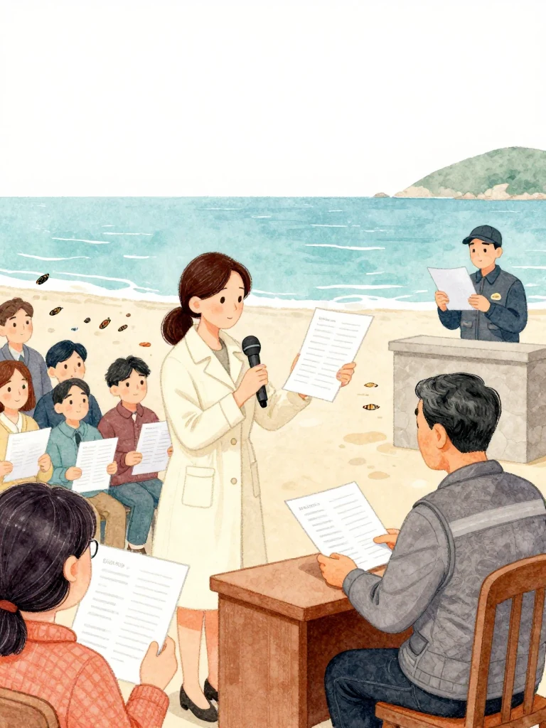 정다원 holds the face-down claim sheet beside the microphone as 임규홍 remains seated at the dais, one polished hand hovering above a prepared glossy booklet. An unnamed staff member begins to rise, then settles. Fans and cicada light fill the sudden stillness while the audience studies the impossible order of prepared claim material and later accident. Setting: 해녀 탈의장·마을회관.