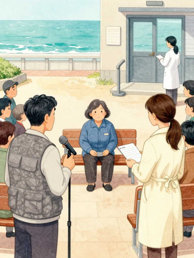 임규홍 restores the microphone to its stand with immaculate calm while 고순단 remains centered among the divers' benches and 정다원 receives a face-down evidence request from an unnamed observer near the rear door. Half the audience faces the dais and half the clinician. Warm courtyard light reveals divided paths, gathered copies, and authority beginning to shift. Setting: 해녀 탈의장·마을회관.