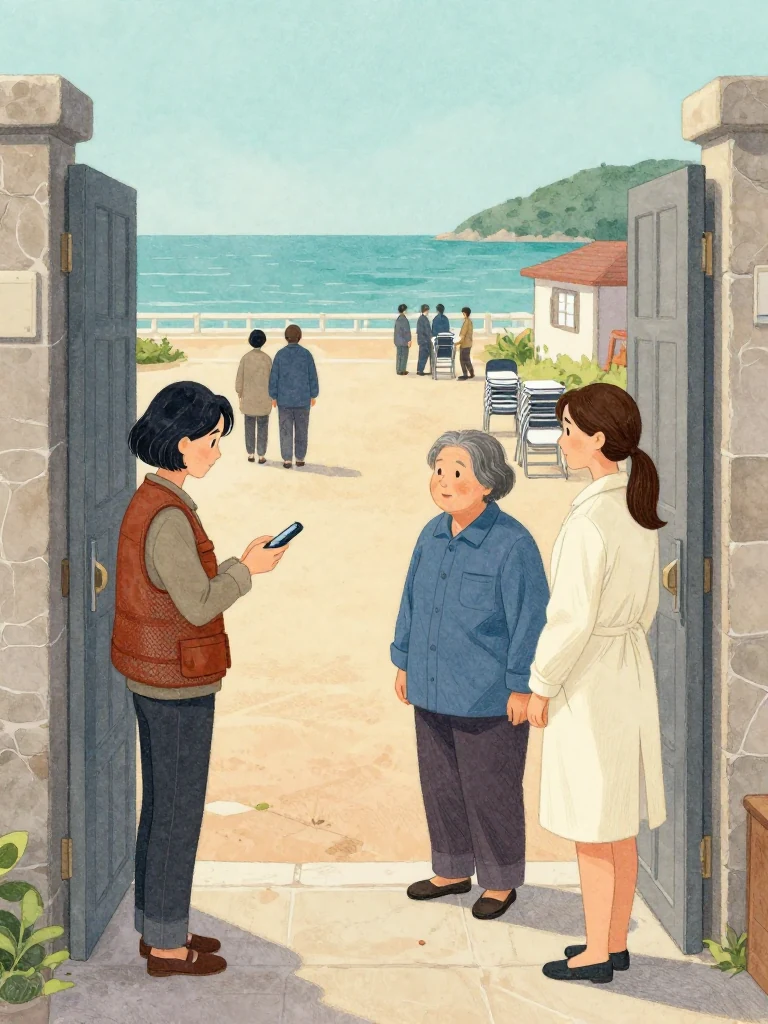 차유나 lowers a dark handheld device after sending a formal request while 고순단 points from the hall doors toward an unnamed elder resting in the courtyard, and 정다원 listens between them. Evening light catches departing groups taking opposite lanes, stacked folding chairs, and the durable local testimony remaining after officials carry the copied sheets away. Setting: 해녀 탈의장·마을회관.