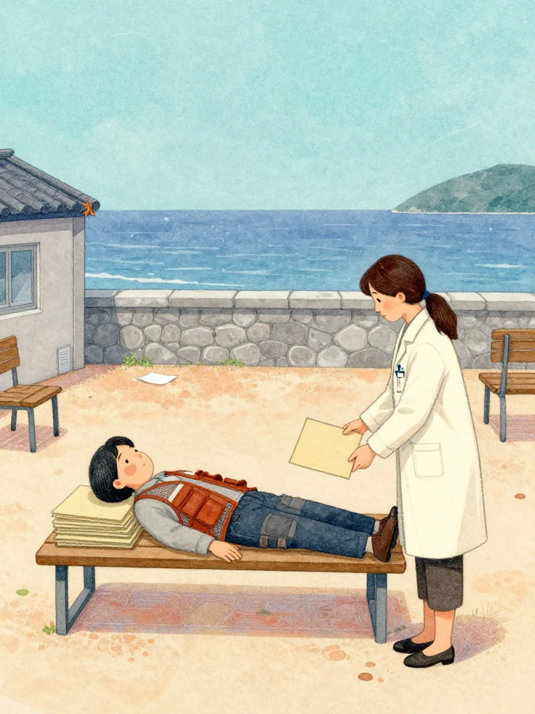 차유나 lays three duplicate evidence bundles across a courtyard bench and covers each with a separate plain folder while 정다원 secures the original beneath one hand. An unnamed elder waits nearby after offering testimony. Blue dusk catches tied corners, capped tools, empty chairs, and the practical urgency that begins once a formal investigation becomes plausible. Setting: 해녀 탈의장·마을회관.
